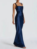 Sexy Satin Evening Long Dresses for Women Square Collar Sleeveless High Waist Folds Slimming Bodycon Dress Female