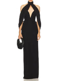 Award Ceremonies Black Halter Maxi Gown for Women Deep V Neck Sheer Cape Sleeves Backless Chiffon Skirts for Formal Galas