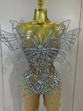 Sexy 3D Butterfly Strapless Mesh See Through Jumpsuit Sparkly Silver Diamond Eveing Party Birthday Bar Nightclub Stage Costumes