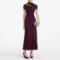 Elegant Business Style Purple Sparkle Gown for Women Asymmetrical Neck Short Sleeves Ruched Waist Skirt for Wedding Toasts