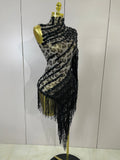 Women One Shoulder Latin Dance Outfits Sexy Leopard Print Sparkly Diamond Tassel See-Through Dress Nightclub Party Stage Costume