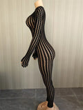 Hottie See Through Jumpsuit Women O-Neck Irregular Stripe Patchwork Jacquard Hollow Sexy Street Stretch Slim Overall