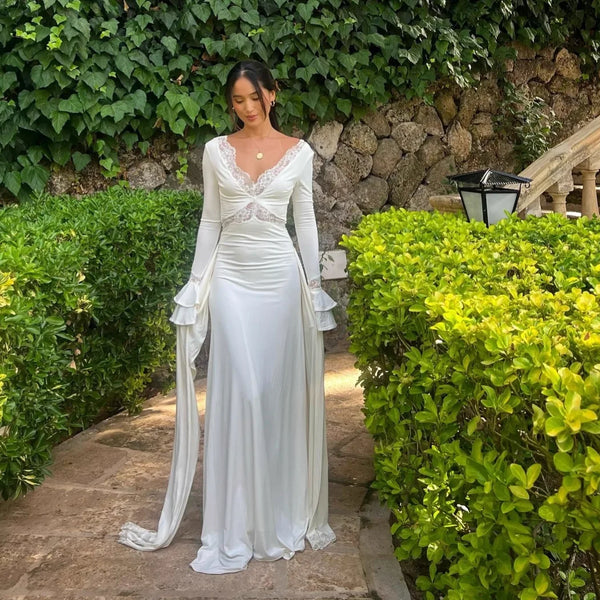 Elegant Curvy White Long Sleeve Dress Women's Sexy V Neck Lace Backless Maxi Dresses Winter Autumn Evening Female Clothing 2026