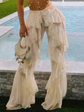 Street Hot Girl Style Pants for Women Low Waist Spliced ruffled Fashion Sheer Mesh Flared Trousers Female Autumn