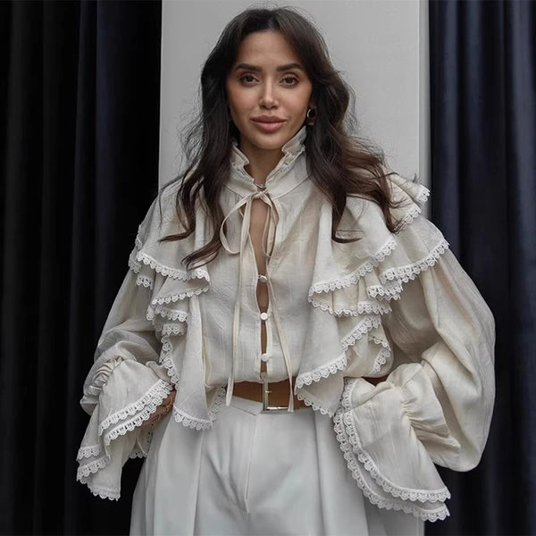 Fashion Women's Lace Ruffle Edge Blouse Loose Single Breasted Long Sleeve High Collar Female Shirts 2026 Spring Commute Outfit