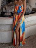 Colorful Print Dress Woman Sexy Wrap Chest Backless High Splits Summer Holiday Beach Party Elegant Style Long Bodycon