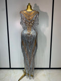 Luxury Sparkly Diamonds Tassels Sexy Mesh See Through Dress Women Evening Birthday Party Nightclub Bar Singer Stage Costumes