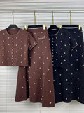 Elegant Beaded Two Piece Set for Women Round Neck Short Sleeve Cropped Top A Line Maxi Skirt for Office Daily Party Suit