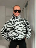 Chic Retro Zebra Print Cropped Jacket Trendy Oblique Placket Stand Collar Loose Fit Coat Lady Daily Street Party Outerwear