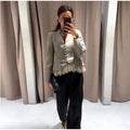 Spliced Lace Hem Jacket Elegant Long Sleeve V-neck Waisted Contrast Lace Bottom Design Casual Coat Autumn Fashion Retro Jackets