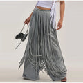 Grey Long Sleeve 2 Piece Outfit Chic Lapel Zip Slim Top Long Fringe Wide Leg Pants 2026 Autumn Women Casual Lady Matching Set