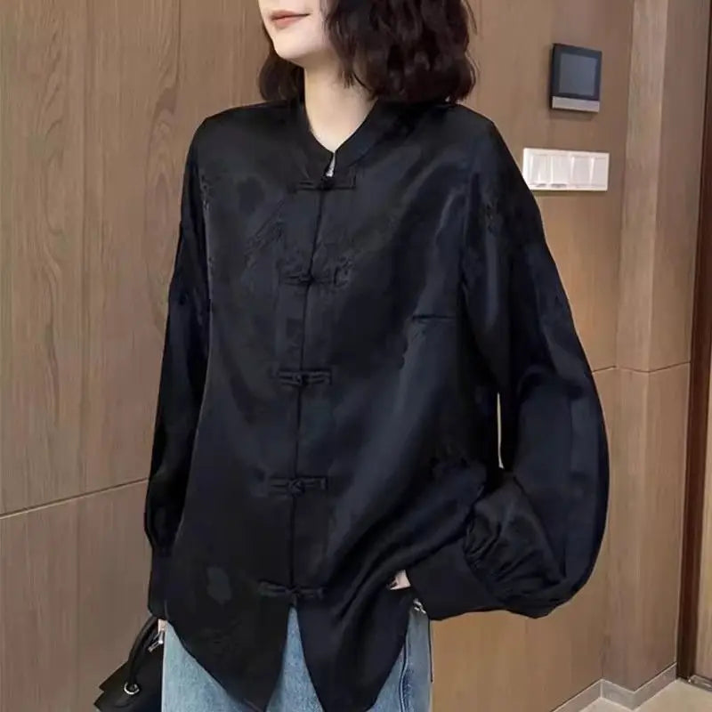 Early Spring New Chinese Style Pan Buckle Embroidery Jacquard long-sleeved Shirt women's Loose Temperament Tangsuits Top