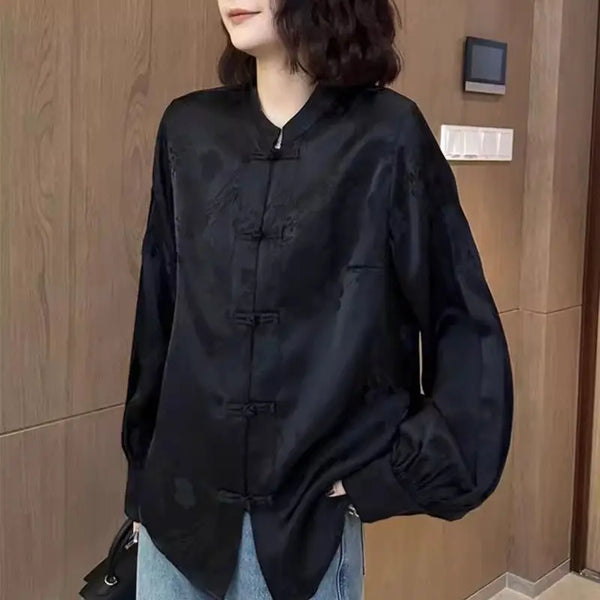 Early Spring New Chinese Style Pan Buckle Embroidery Jacquard long-sleeved Shirt women's Loose Temperament Tangsuits Top
