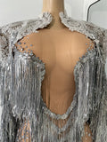 Sexy Mesh See Through Rhinestones Two Pieces Dress Coat Sets Women Sparkly Tassels Performance Singer Dancer Stage Costume