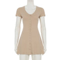 Summer New Knitted Mini Dress Female Elegant V Neck Buttons Short Sleeve Dress High Elasticity Casual Women's Dress