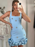 Available In Multiple Colors With Halter Straps, Rhinestones, Floral Trims, Tight Waist-Cinching Mini Skirt, And a Figure-Hug