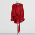 Solid Loose Short Dresses For Women Round Neck Long Sleeve High Waist Spliced Lace Up Chic Dress Female Fashion