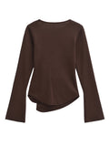 Solid Spliced Folds Designer T Shirt For Women Skew Collar Long Sleeve Patchwork Buttons Chic T Shirts Female New