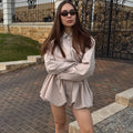 Women's 2 Piece Fashion Lapel Zip Jacket Pleated Shorts Suit Vintage Streetwear New Party  Autumn Female Short Sets