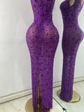 Luxury Purple Rhinestones Long Party Dress Celebrity Women Sexy Sleeveless Mesh See Through Prom Gown Club Birthday Dresses