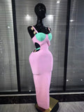 Pink Black Women Sleeveless Sexy Sequined Strap Bodycon Long Bandage Dress Nightclub Party Celebrate Evening Cocktail Wear