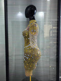 Gold Full Diamond Tassel Short sleeved Dress Wrapped Hip Short Skirt Female Model Singer Fashion Performance Dress