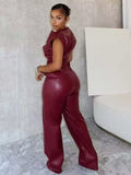 Sexy PU Jumpsuit Women Single-Breasted Fake Pocket Sleeveless Midnight Hipster Streetwear Workout Activity Overalls