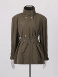 Casual Daily Wear Coffee Trench Coat for Women Stand Collar Buttons Design Belt Accent Oversized for Street Style