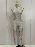 Luxury Stage Outfit Women Celebrate Evening Birthday Party Nightclub Dance Sexy Sparkly Rhinestones Sleeveless Sheath Jumpsuit