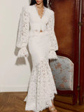 White High End Two Piece Set for Women V Neck Long Sleeve Slimming Top High Waist Asymmetrical Long Skirt Luxury Suit Female