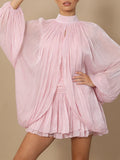 Chic Birthday Party Pink Pleates Ruffled Mini Dress for Women Strapless Design Shiny Fabric with Smock for Stylish Outings