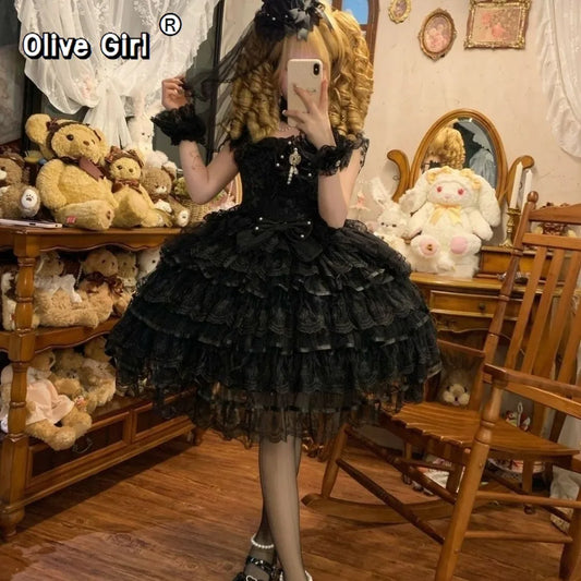 Olive Girl Black Dramatic Lolita Dress for Ren Faire 2026 Fairycore Photoshoot Everyday Wear S-L XS-3XL Plus Size Dramatic Silhouette Romantic Cottagecore Garden Party Editorial Not Costume Lolita Dress Chinese Heritage Fashion Women