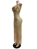 Sexy Cutout Crochet Beach Dress 2026 Summer Women One Shoulder Backless Knitted Sequined Fringe Tassel Midi Dress Clubwear