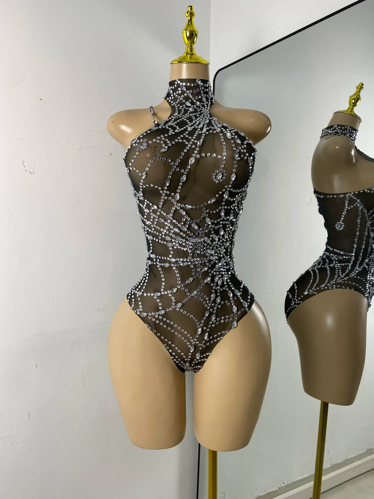 Women Sexy Sparkly Rhinestone Halter Mesh See Through Bodysuit Nightclub Performance Dance Costume Singer Stage Wear