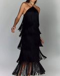 Solid Spliced Tassel Dresses for Women Halter Sleeveless High Waist Temperament Dresses Female Fashion New