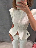 Lace Cutout Peplum Jacket Stand Collar Puff Sleeve Button Front Waist Cinched Outerwear 2026 Summer Fashion Lady Elegant Jacket