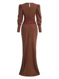 Women Brown Beaded Corset Design Maxi Dress V Neck Long Sleeves Waist Cinching Slim Dresses Fashion Evening Party Gowns