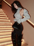 Women's Ribbed Knit Turtleneck Cutout Shoulder Halter Vest Long-Sleeved Shawl 2-Piece Set Slim Y2K Sexy Street Autumn Top