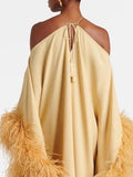 Glam Halter Off Shoulder Floor Length Dress for Women Loose Kaftan Feather Trim Wide Sleeve Back Tie Tassel for Party Gown