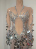 Women Sexy Sparkly Diamonds Sequins Long Sleeves Mesh See Through Long Dress Luxury Birthday Evening Party Nightclub Stage Wear