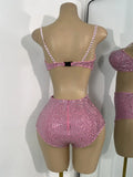 Women's Rhinestones Top Shorts Sets Nightclub Show Three Pieces Outfit Nightclub Performance Singer Dance Costume Stage Wear