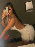 Solid Furry Dress Women Sexy Square Collar Sleeveless Zipper Backless Autumn Trend Elegant Street Party Mini Bodycon