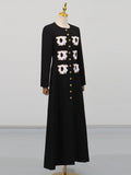 Elegant Spliced White Flower Embroidery Dress for Women O Neck Long Sleeve High Waist Patchwork Button Slim Dresses Female