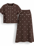 Elegant Beaded Two Piece Set for Women Round Neck Short Sleeve Cropped Top A Line Maxi Skirt for Office Daily Party Suit