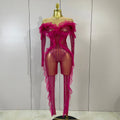 Women Celebrity Evening Party Bar Nightclub Dancer Sexy Stage Costumes Sparkly Rhinestone Long Sleeves Mesh See Through Jumpsuit