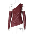 Sleeveless Skew Collar PU Leather Vest With Sleeves Top Two Pieces For Women Streetwear Fashion Slim Crop Tops Punk Style