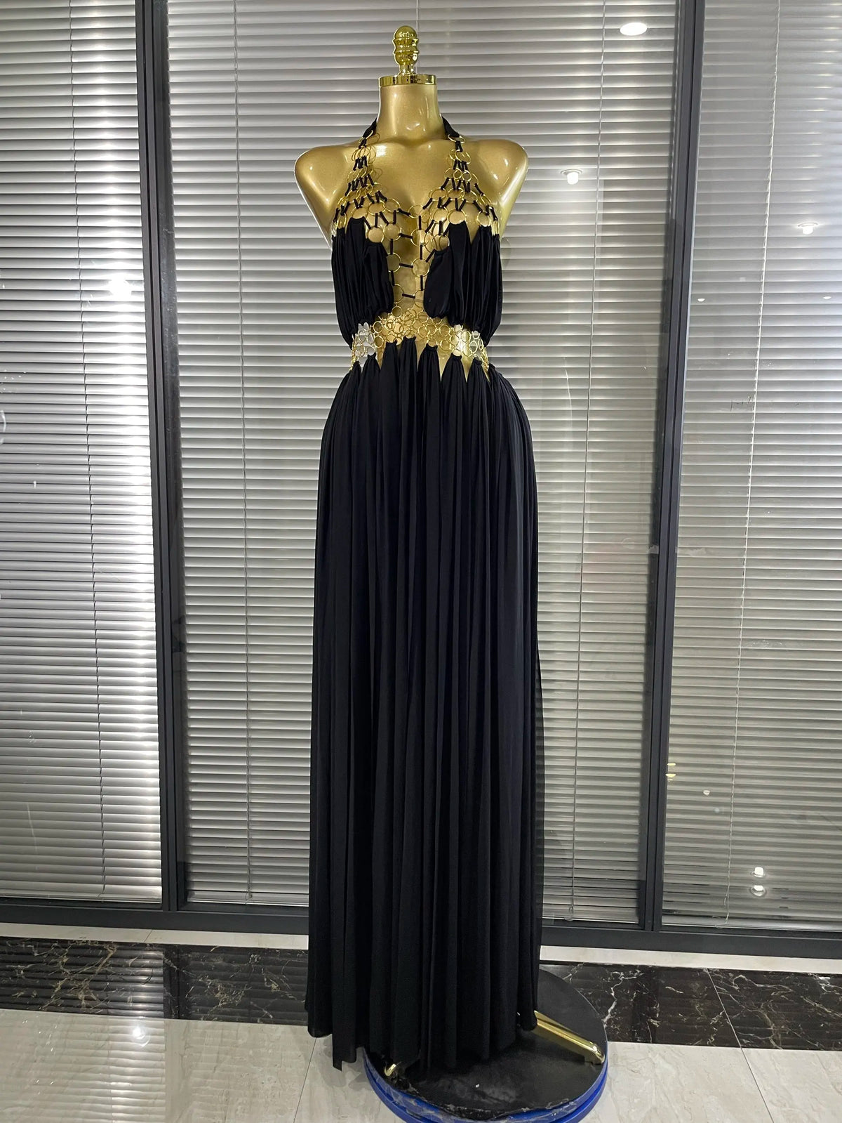 Black White Women Sexy Halter Off the Shoulder Backless Mesh Draped Gold Sequined Circle Long Maxi Dress Celebrate Vacation Wear