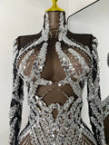 Sparkly Sequins Rhinestones Women Sexy Black Mesh See Through Long Sleeve Party Nightclub Performance Costume Stage Wear