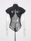 Black Loose Spliced Mesh Jumpsuits for Women Stand Collar Sleeveless Sexy Temperament Jumpsuit Female Fashion New