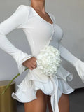 Fashion 3d Flower Women's Short Dress Slim V-neck Buttons Flare Sleeve Lace Up Party Dresses 2026 Summer Lady Solid Beach Robes